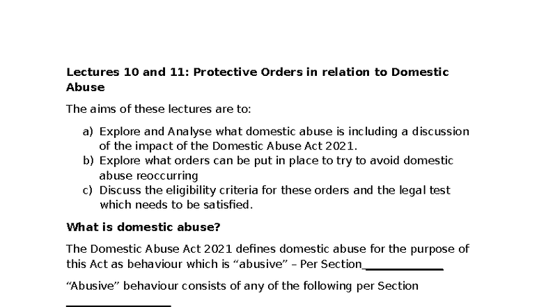 Lectures 10 & 11: Protective Orders in Domestic Abuse Law - Studocu
