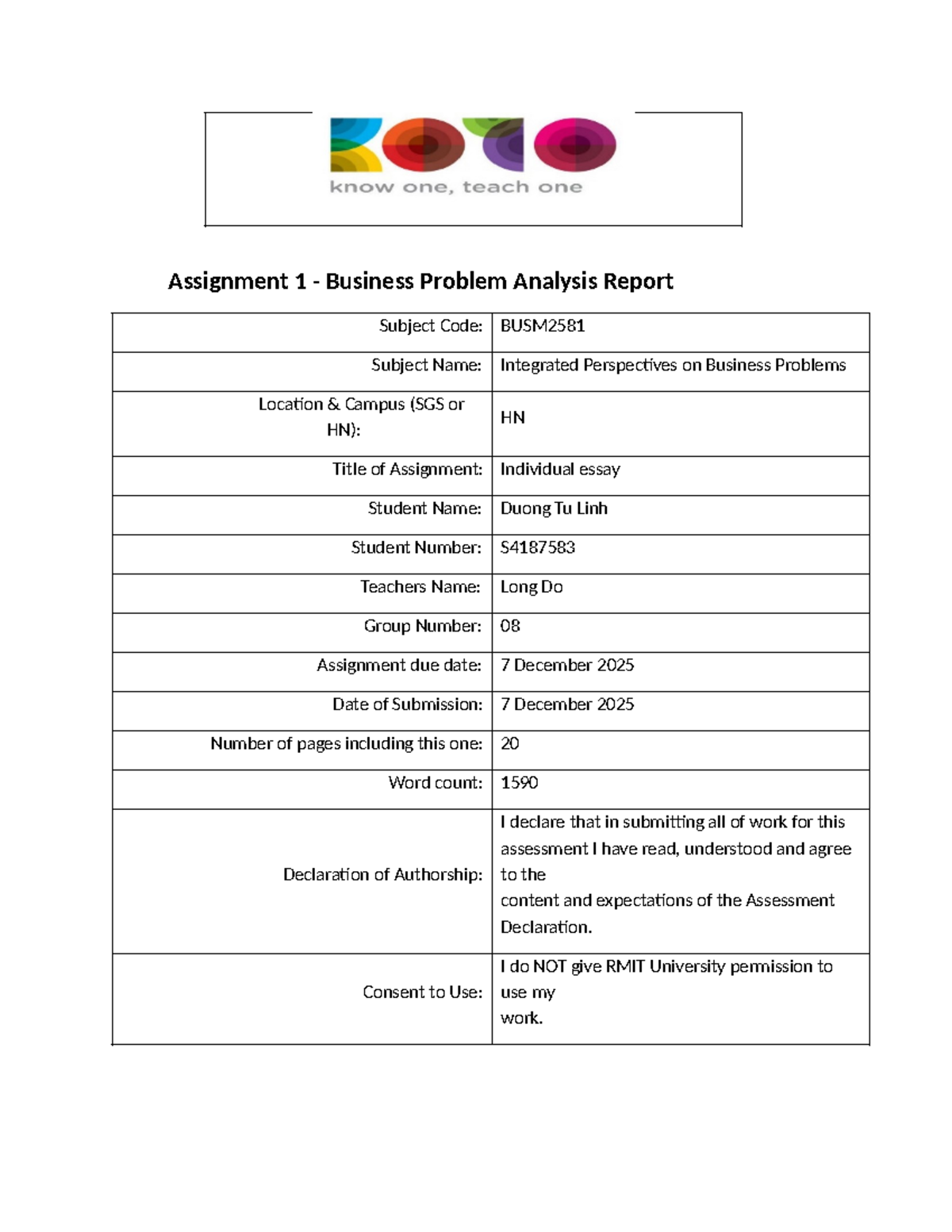 HN Group 8 BUSM2581 Assignment 1: KOTO Business Problem Analysis Report ...