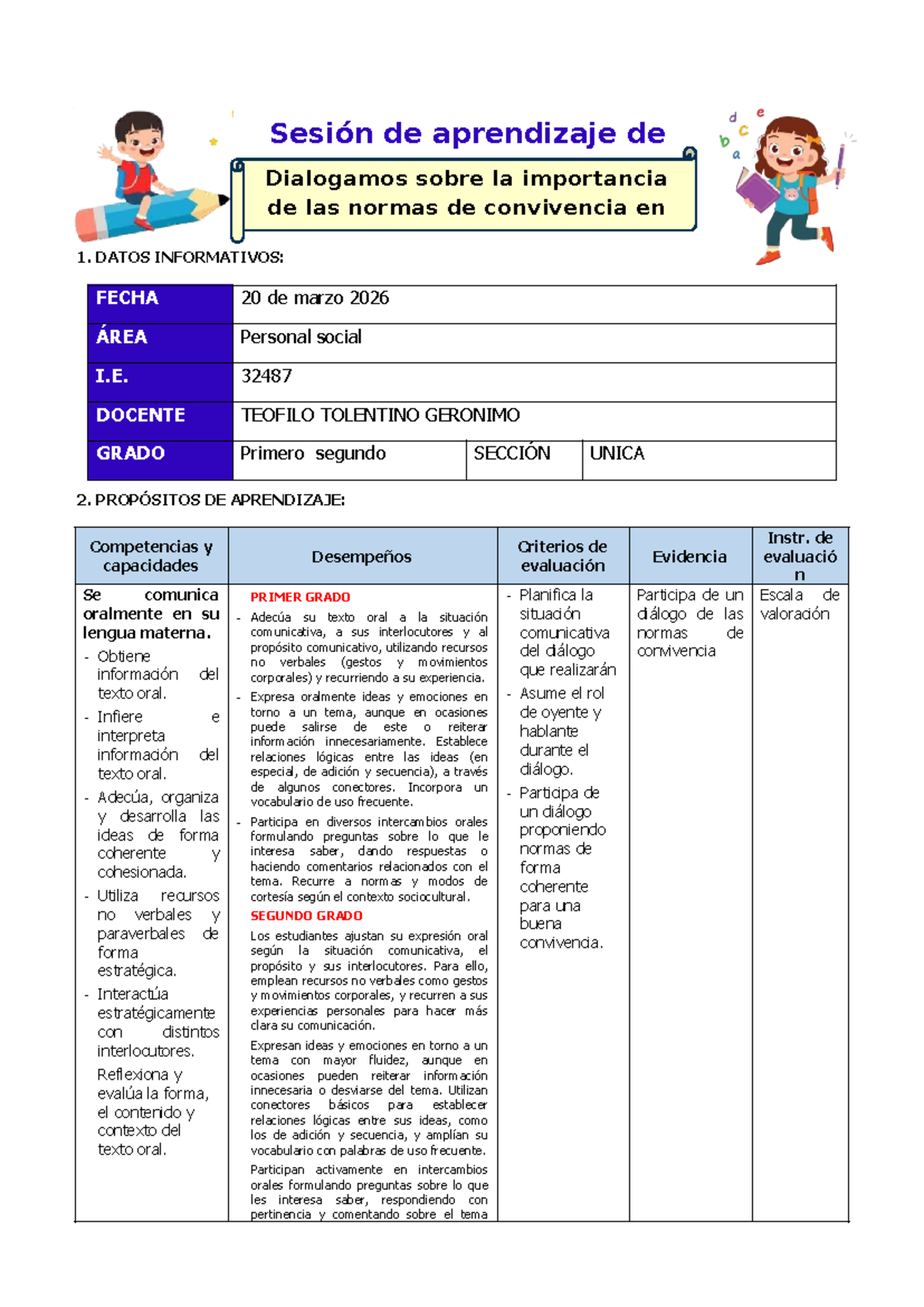 Sesión de Aprendizaje: Normas de Convivencia en el Aula - 1er y 2do ...