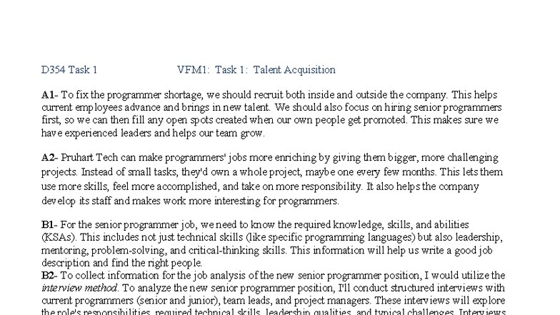 D354 VFM1 Task 1 Guide: Effective Talent Acquisition Strategies - Studocu