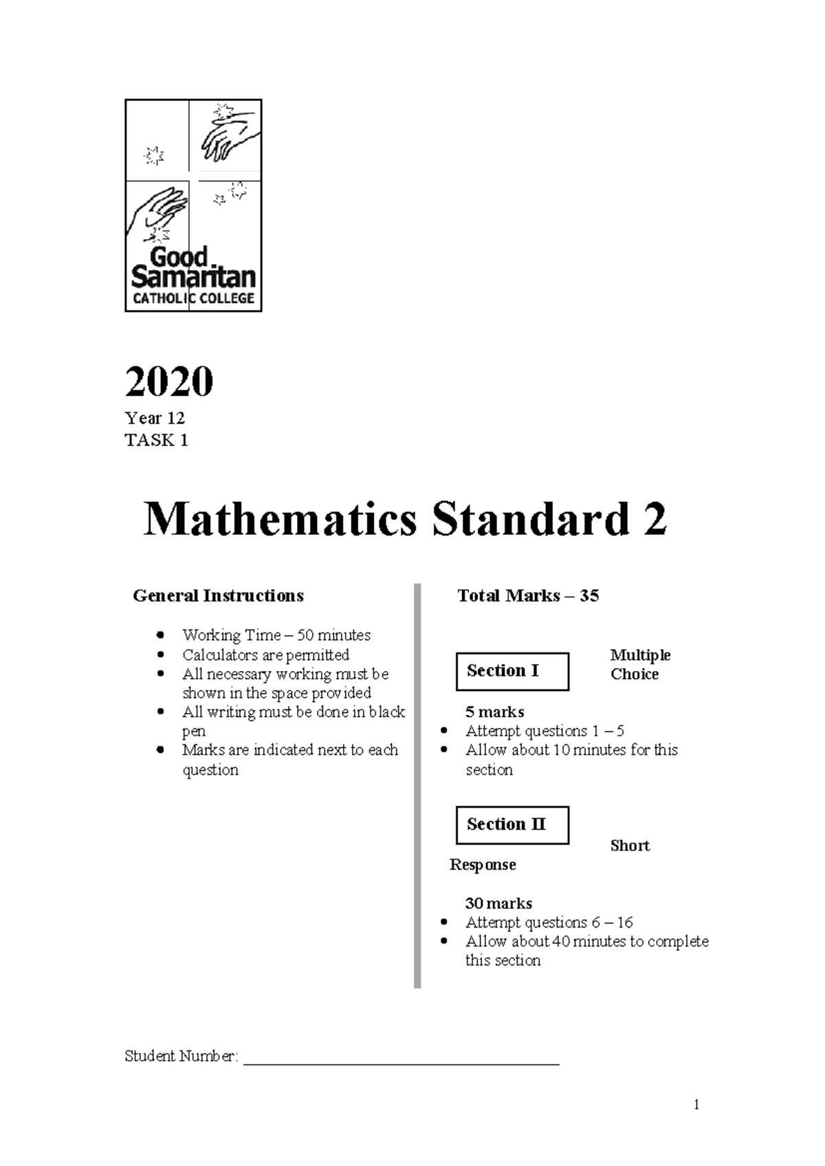 Maths Standard 2 (MS2) Year 12 Past Paper Task 1 - 2021 Solutions - Studocu