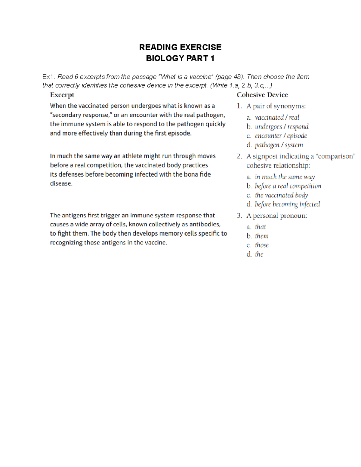 3. Reading Exercise - 213 - READING EXERCISE BIOLOGY PART 1 Ex1. Read 6 ...