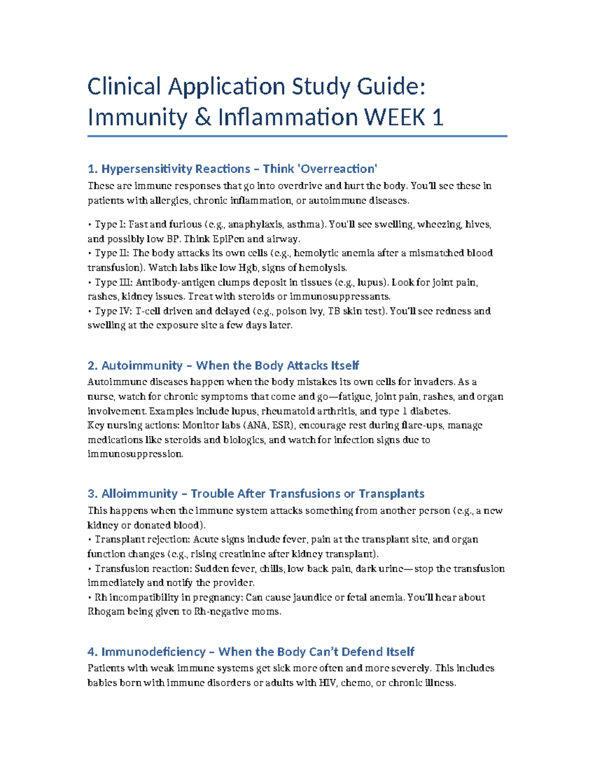 Clinical Application Study Guide: Immunity & Inflammation (WEEK 1 ...