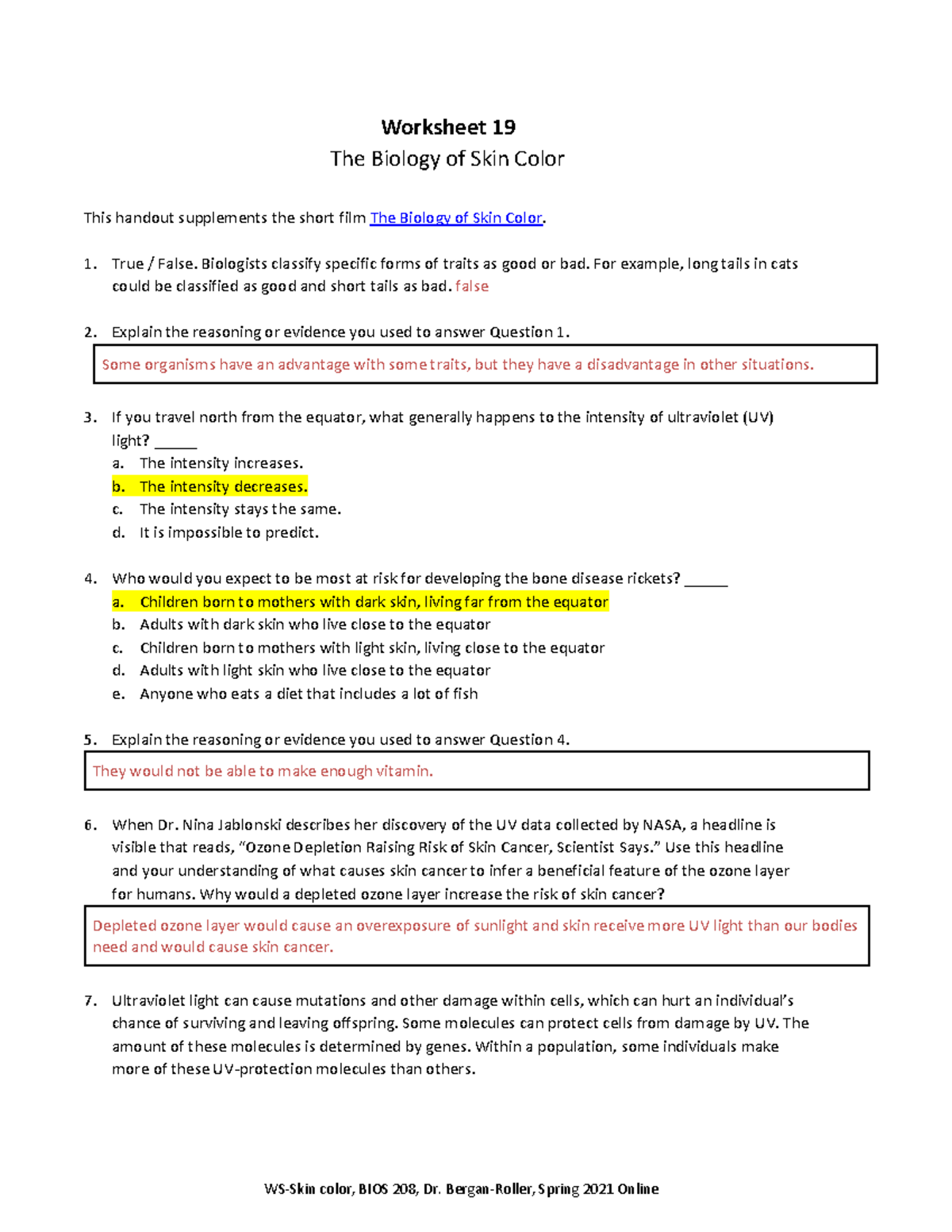 Worksheet 19 - BIOS 208: Understanding Skin Color Biology - Studocu