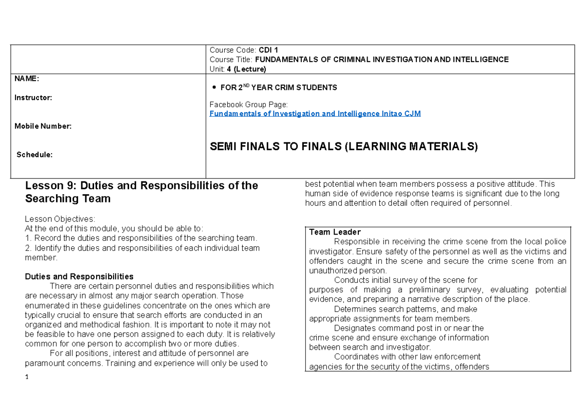 CDI 1: Fundamentals of Criminal Investigation - Unit 4 Lecture Notes ...