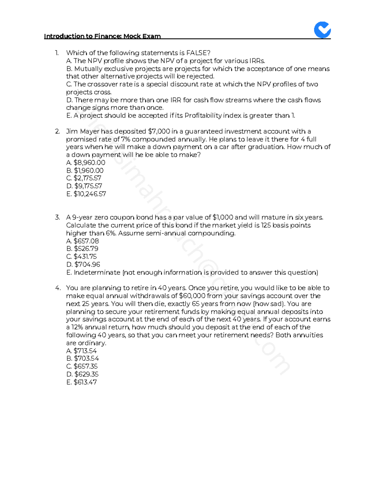 Finance 201 Final Exam Mock Questions & Answers Review - Studocu
