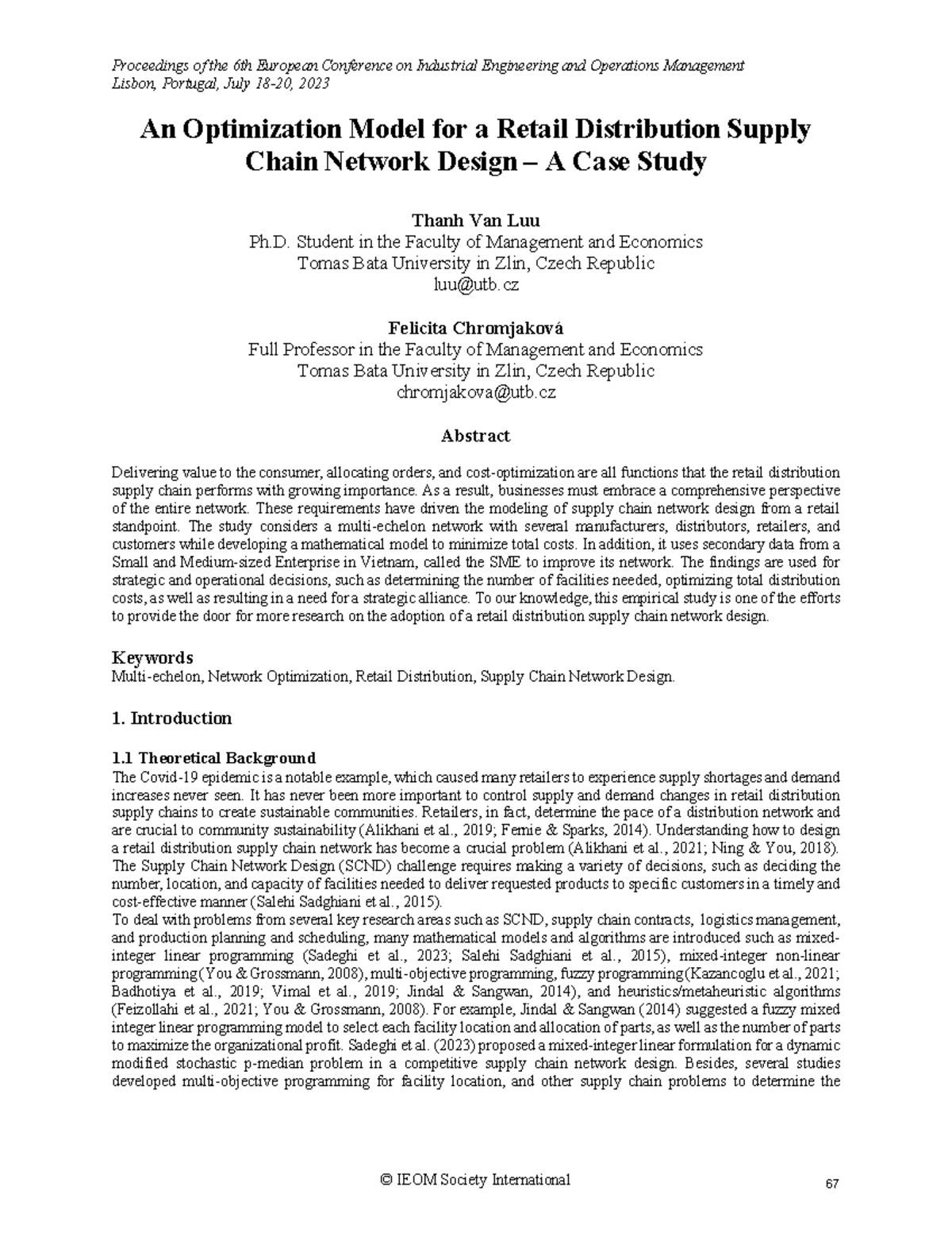 Optimization Model for Retail Distribution SCND: Case Study IEOM 2023 ...