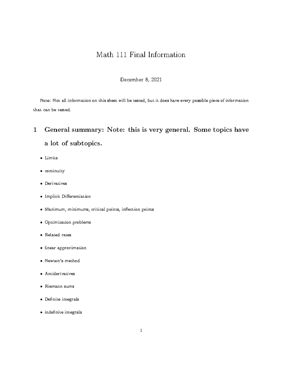 Math 111: Comprehensive Final Study Guide for Calculus 1 - Studocu