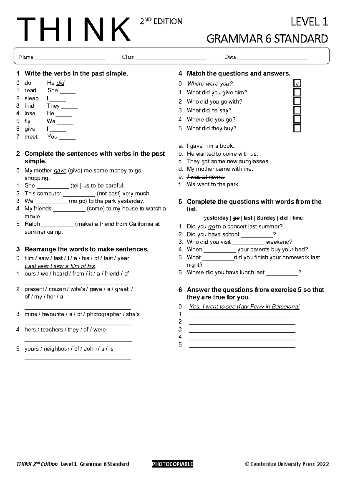 THINK 2nd Edition Level 1 Grammar Standard Unit 6 Exercises - Studocu