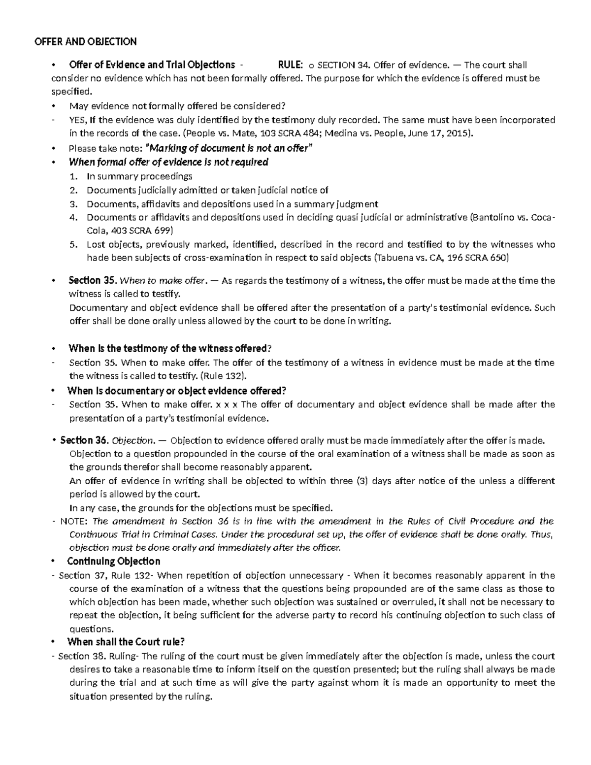 Module 7: Evidence - Lecture Notes on Offer and Objection Rules - Studocu