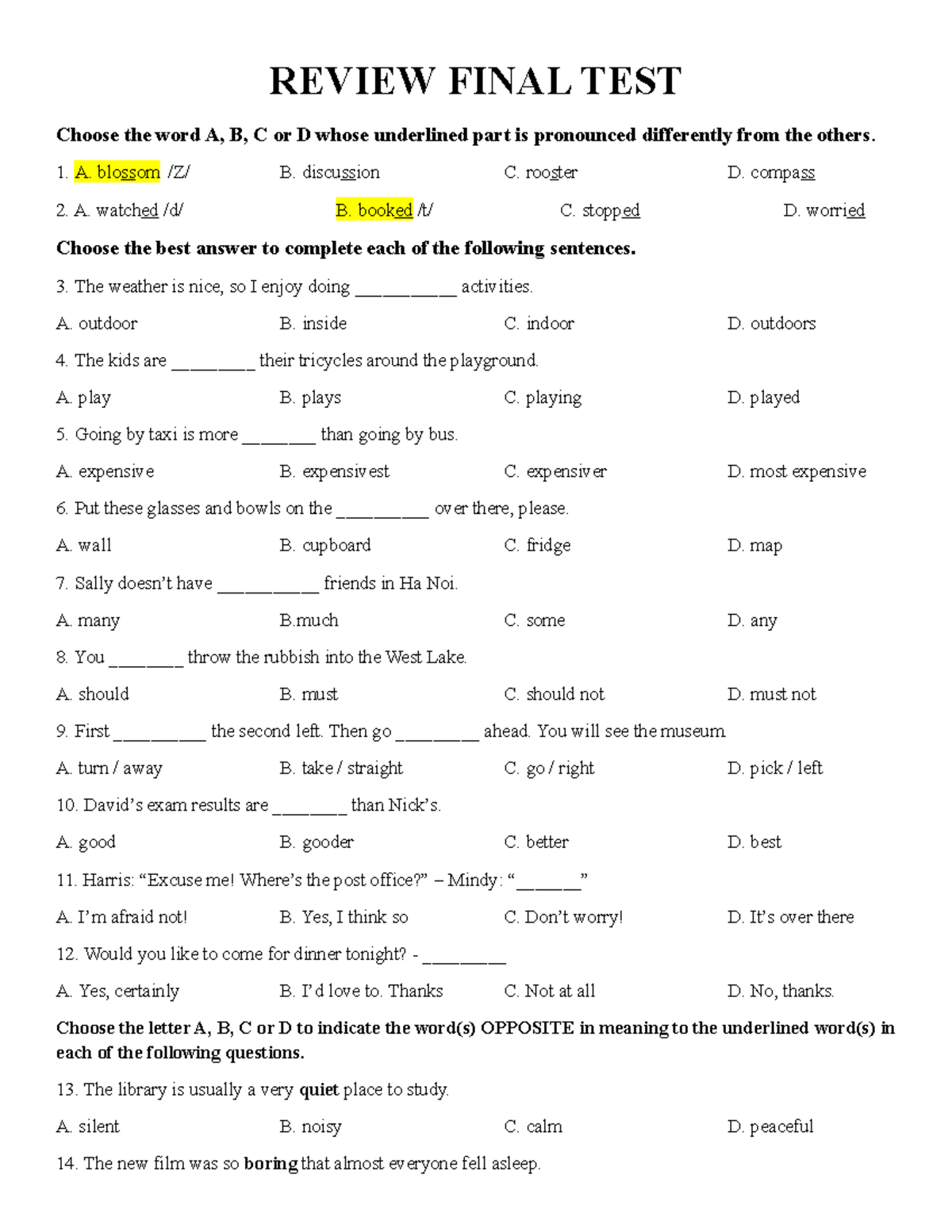 REVIEW FINAL TEST: Pronunciation and Vocabulary Exercises - Studocu