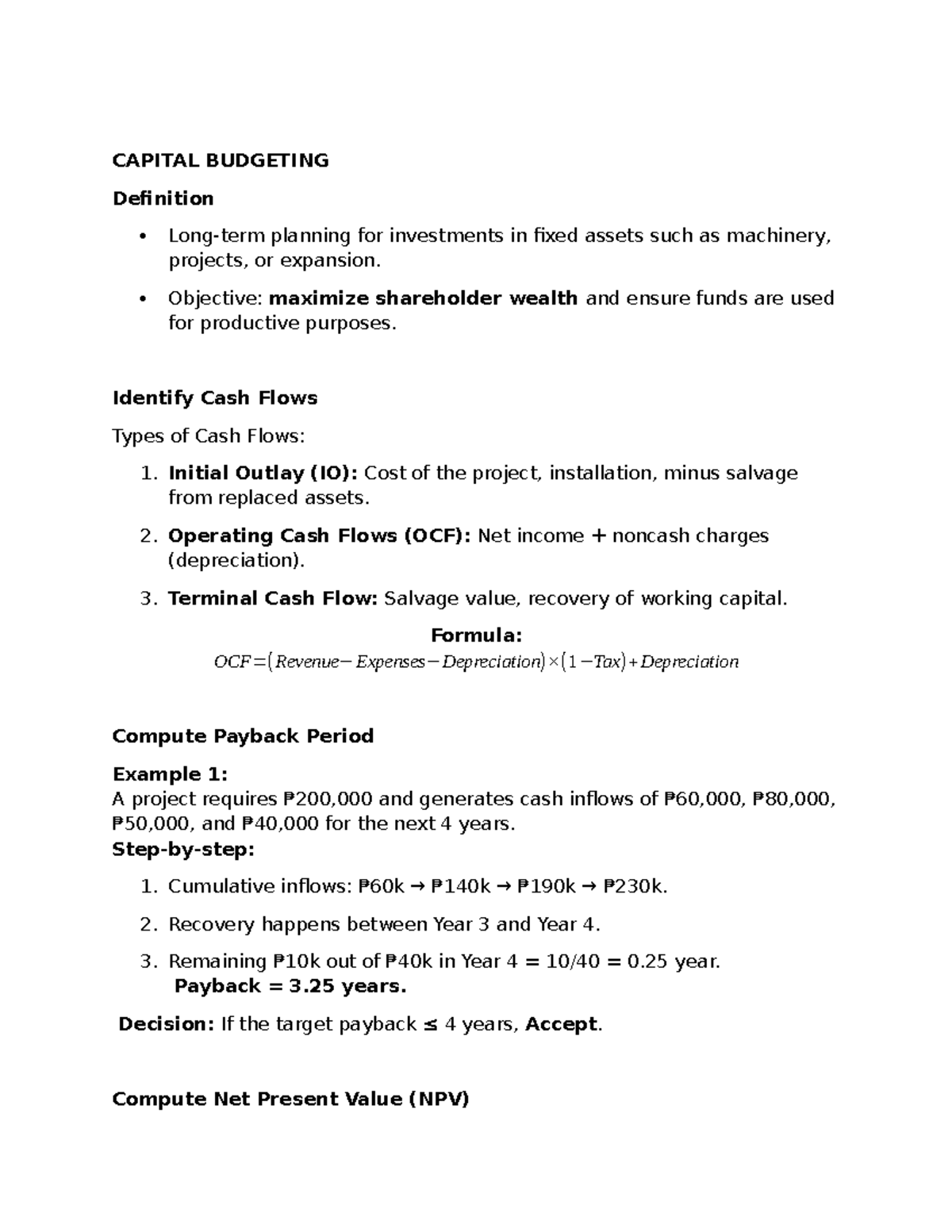 CAPITAL BUDGETING Concepts & Techniques (FIN 301) Lecture Notes - Studocu