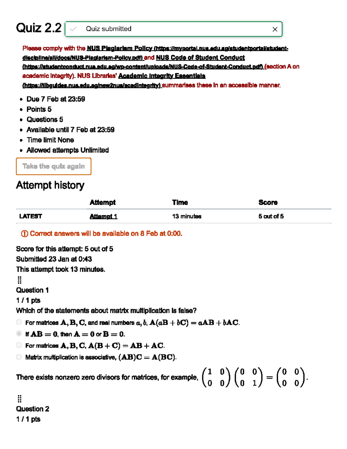 Quiz 2.2 Questions and Answers for NUS Academic Integrity - Studocu