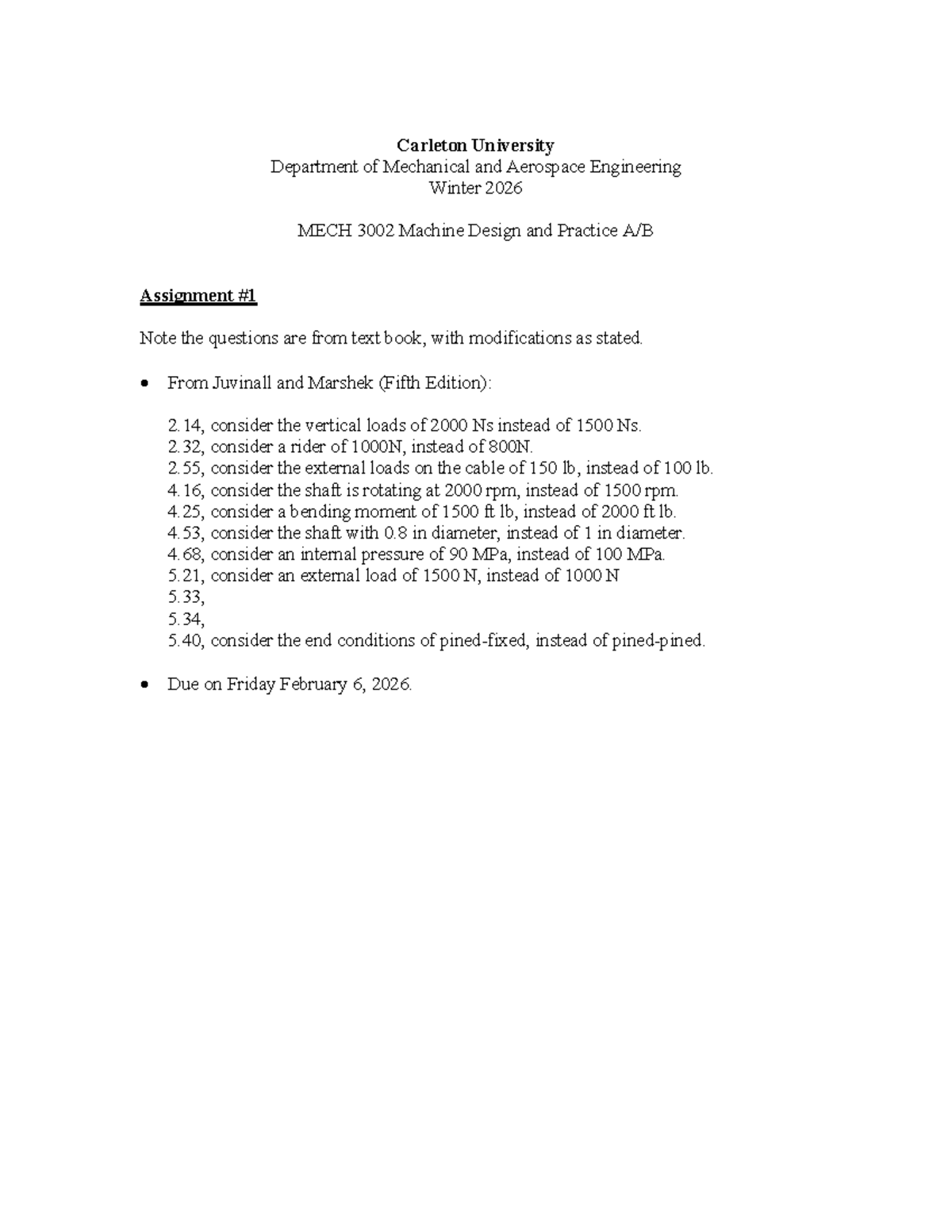 MECH 3002 Winter 2026 Machine Design Assignment Modifications - Studocu