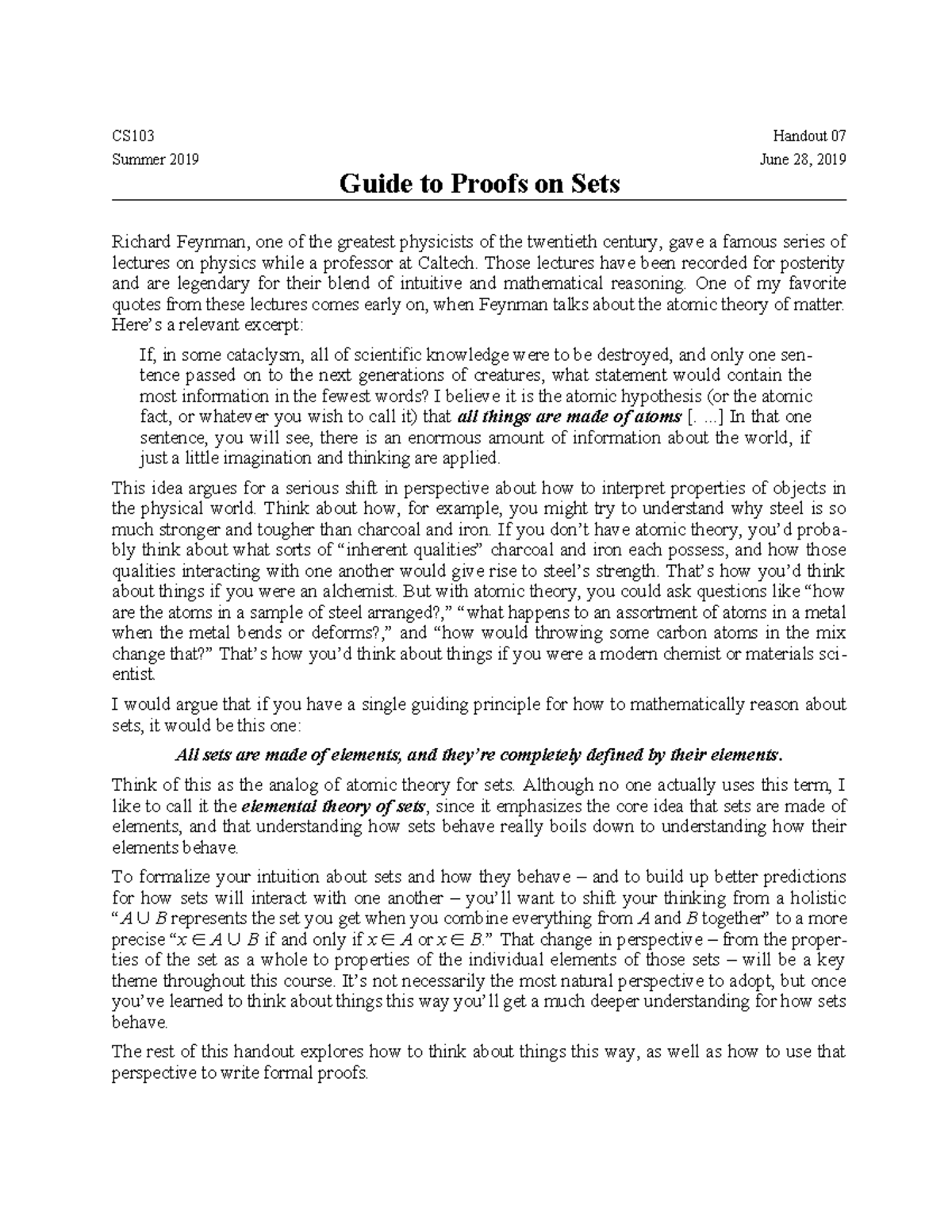 070 Guide to Set Theory Proofs - CS103 Handout 07 Summer 2019 June 28 ...