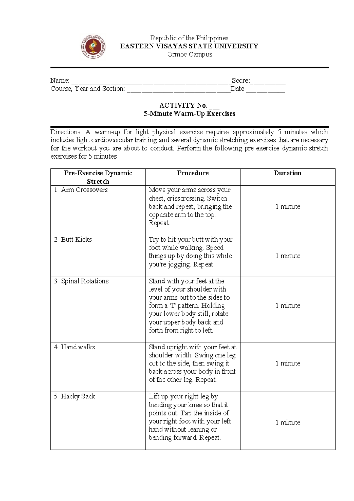 Patfit 2 Activity 2: Dynamic Stretch Exercises Guide - Studocu