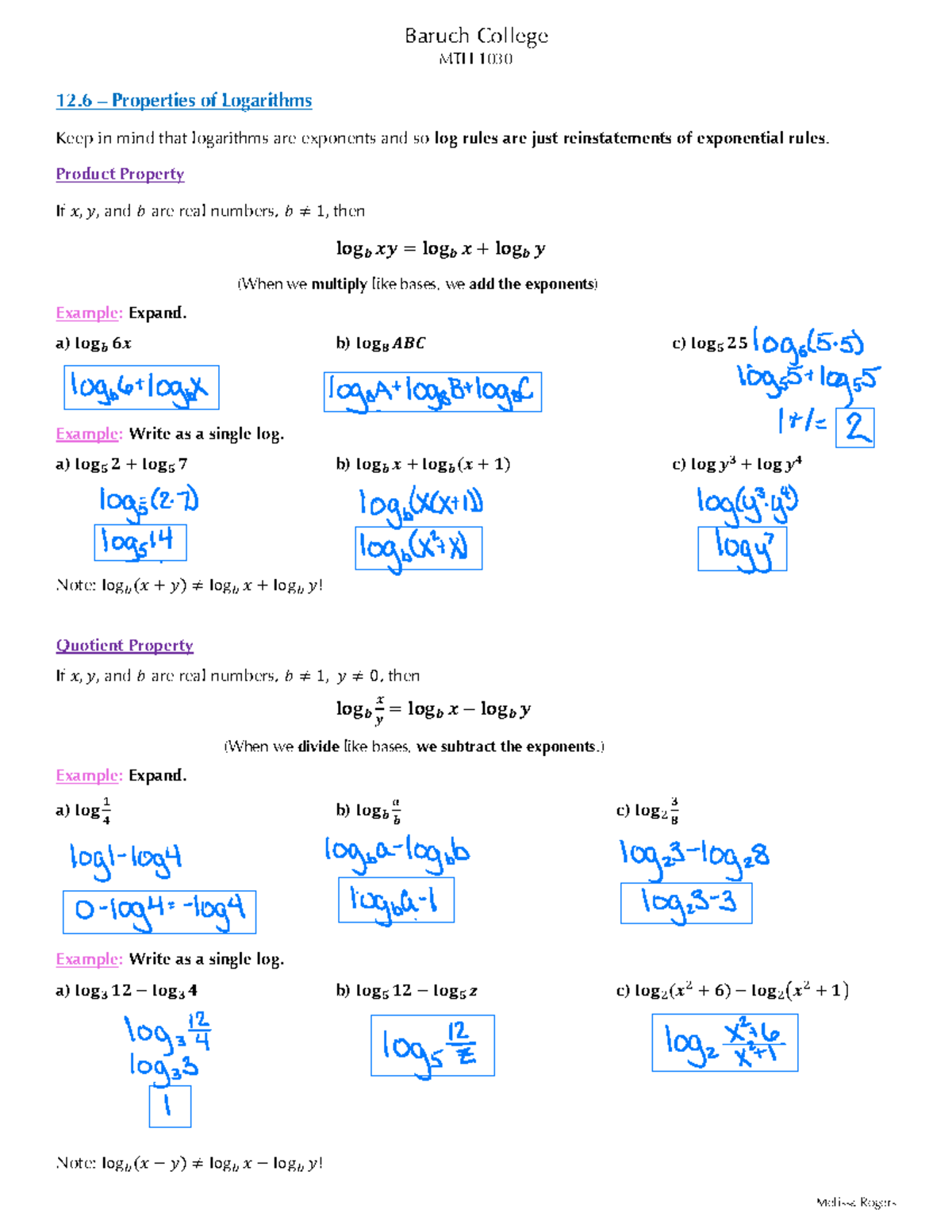 MTH 1030 Final Exam Notes: Properties of Logarithms by Melissa Rogers ...
