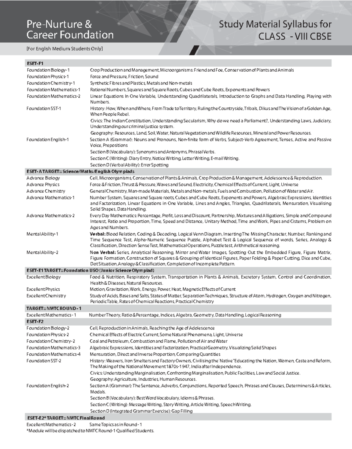 Study material syllabus for class viii - ESET-F Foundation Biology-1 ...