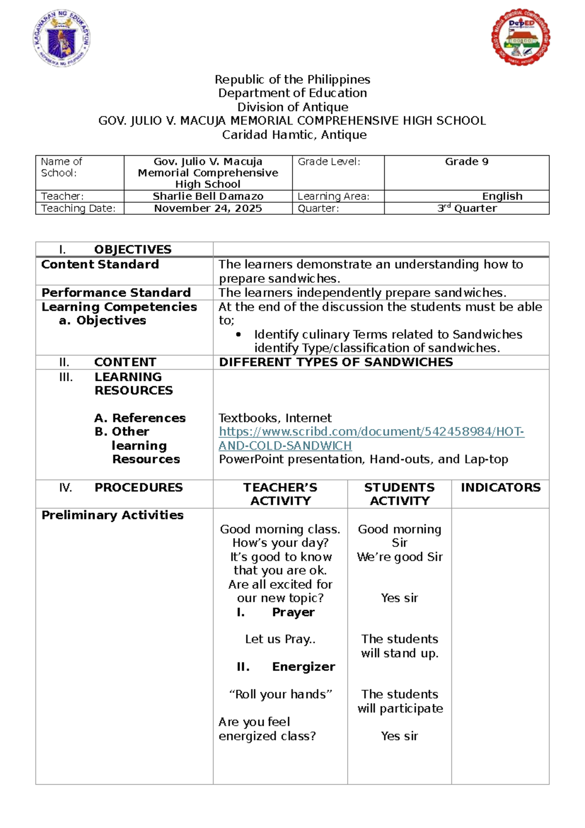 Lesson Plan: Hot and Cold Sandwiches (Grade 9, English) - Studocu