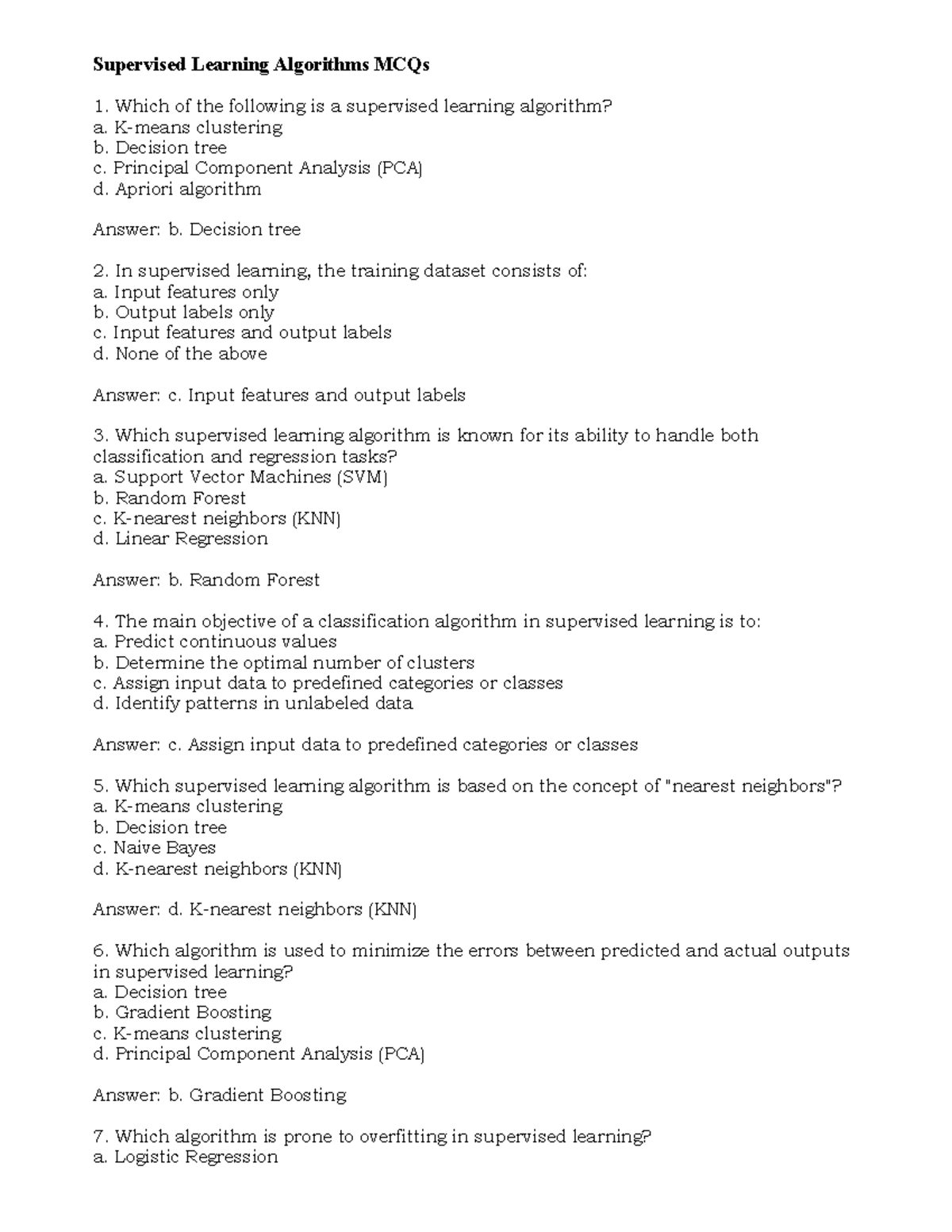 Supervised Learning Algorithms MCQs for ML Course - Studocu