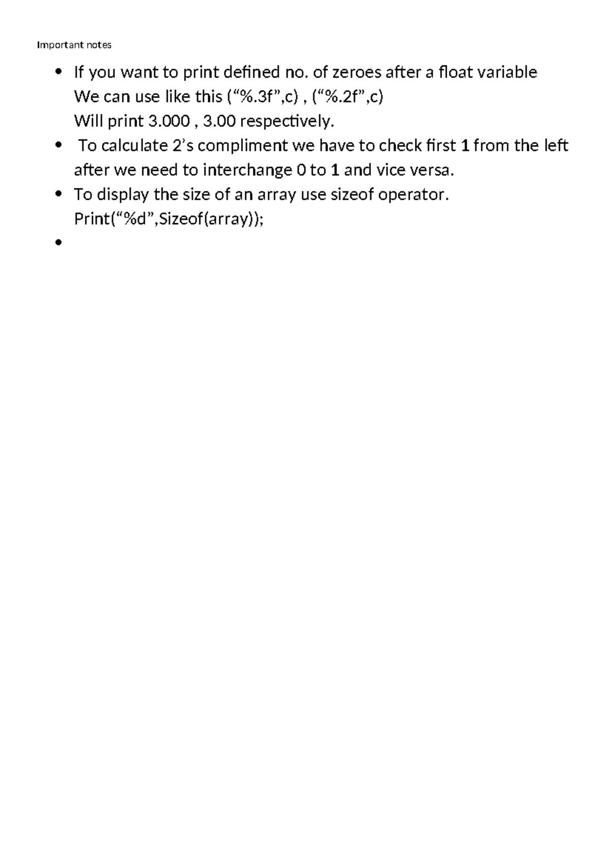 C Notes - Computer Programming in C++ (CH) - Important notes If you ...