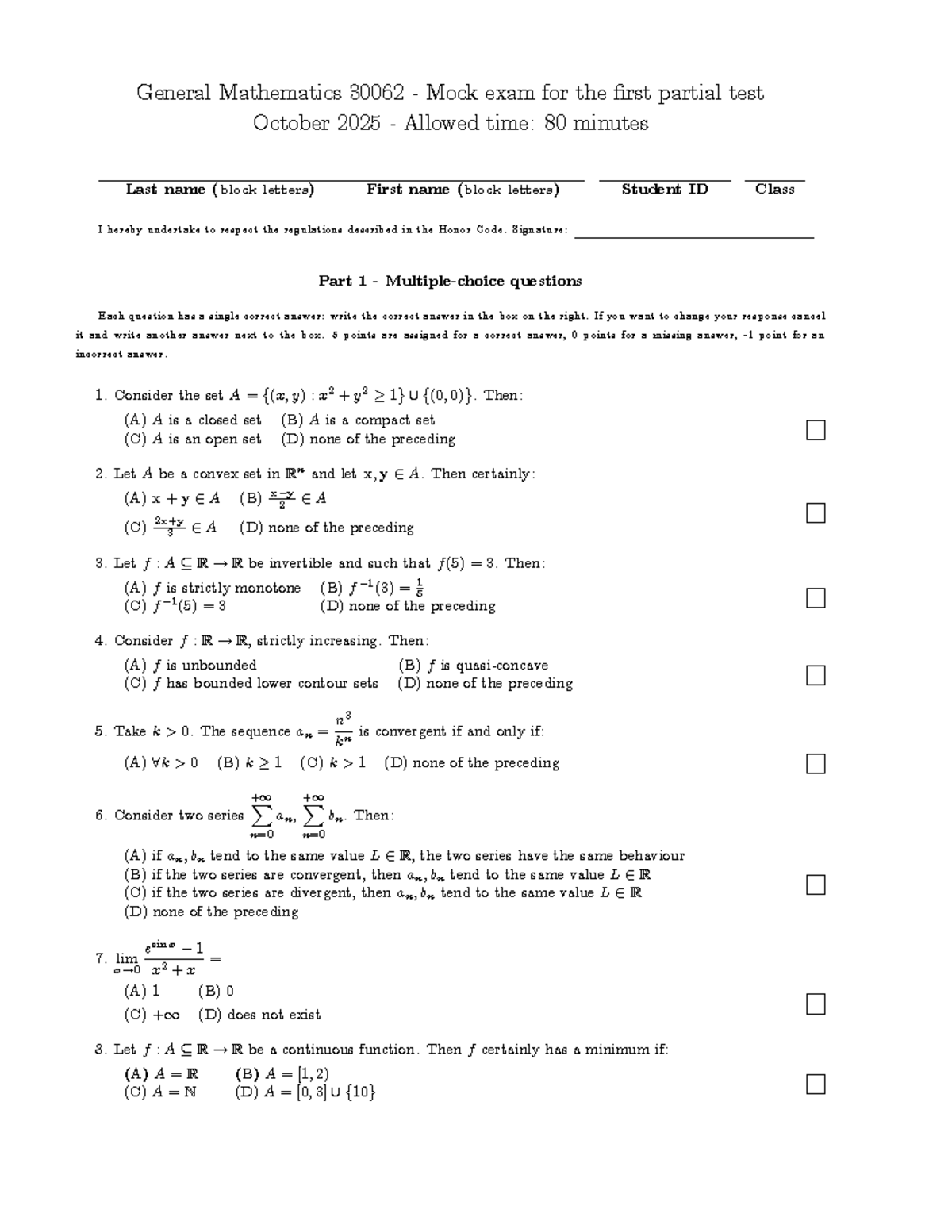General Mathematics 30062 Mock Exam for Partial Test - Oct 2025 - Studocu