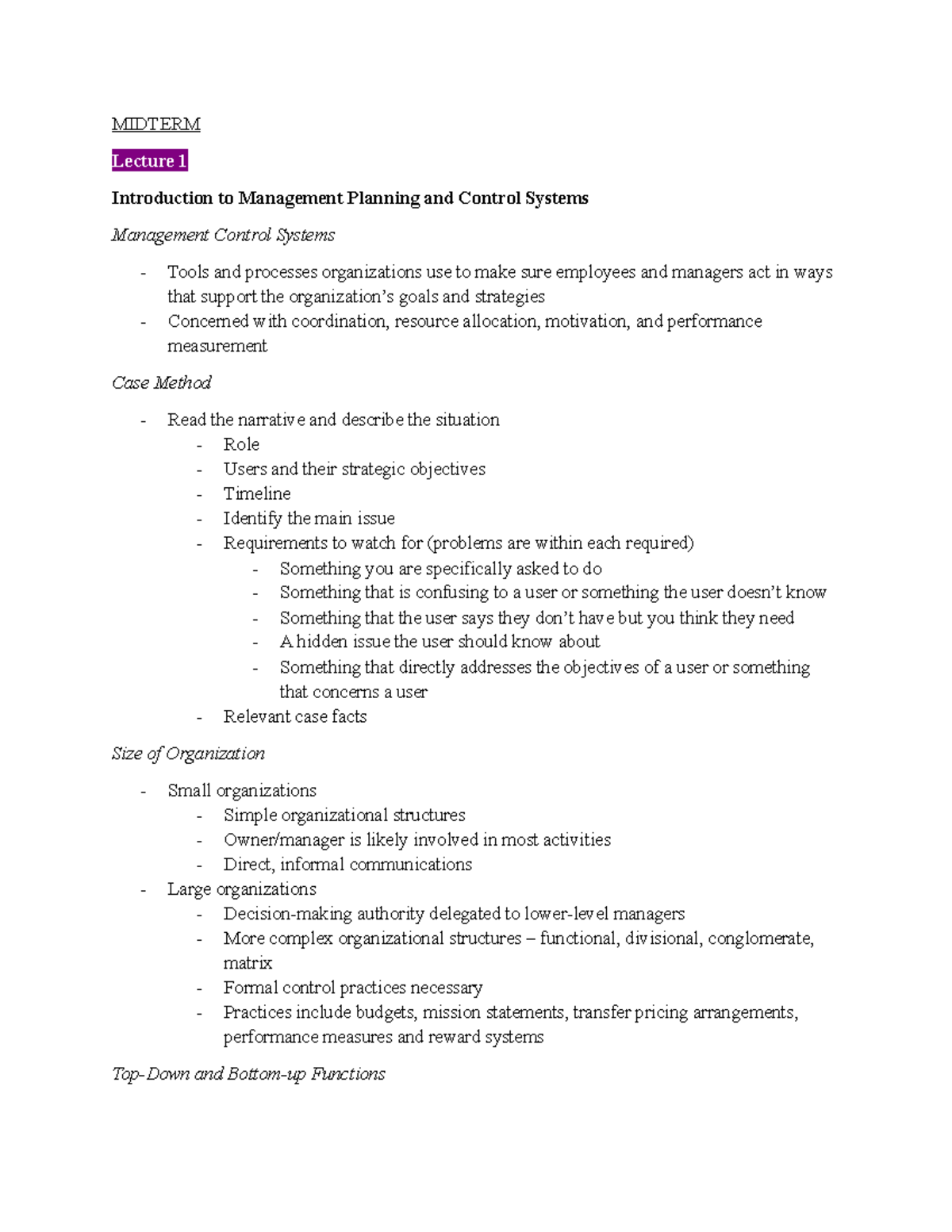 MIDTERM Notes: Introduction to Management Control Systems - Studocu