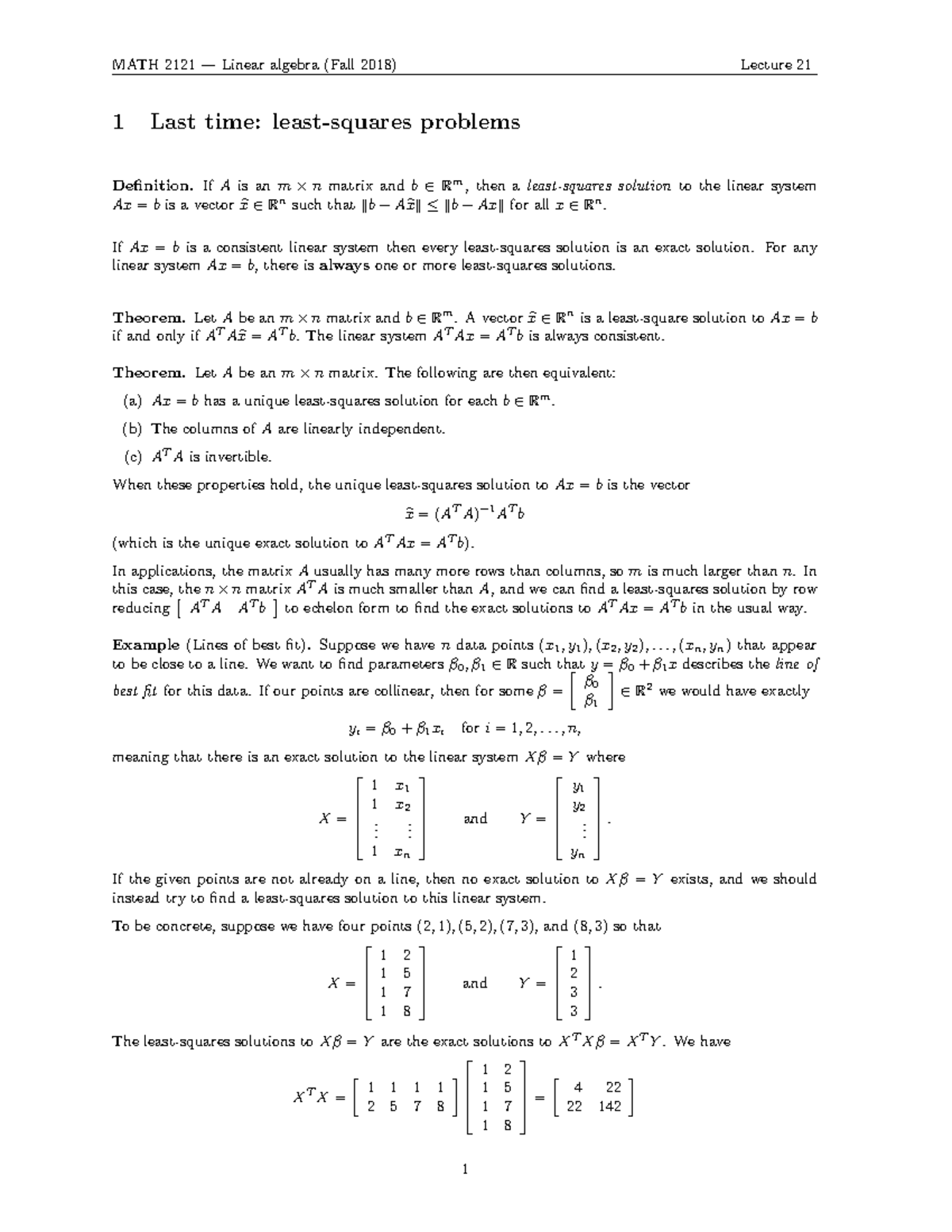 MATH 2121 Fall 2018 - Linear Algebra Lecture 21 Notes - Studocu