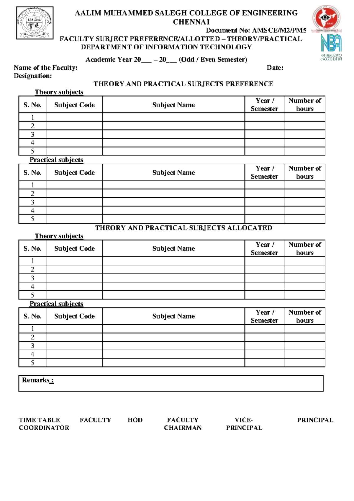 AMSCE IT Faculty Subject Preference Format for Academic Year 20 ...