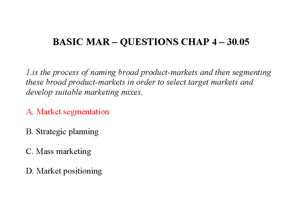 BASIC MAR - Chapter 4 Questions and Answers Review - Studocu