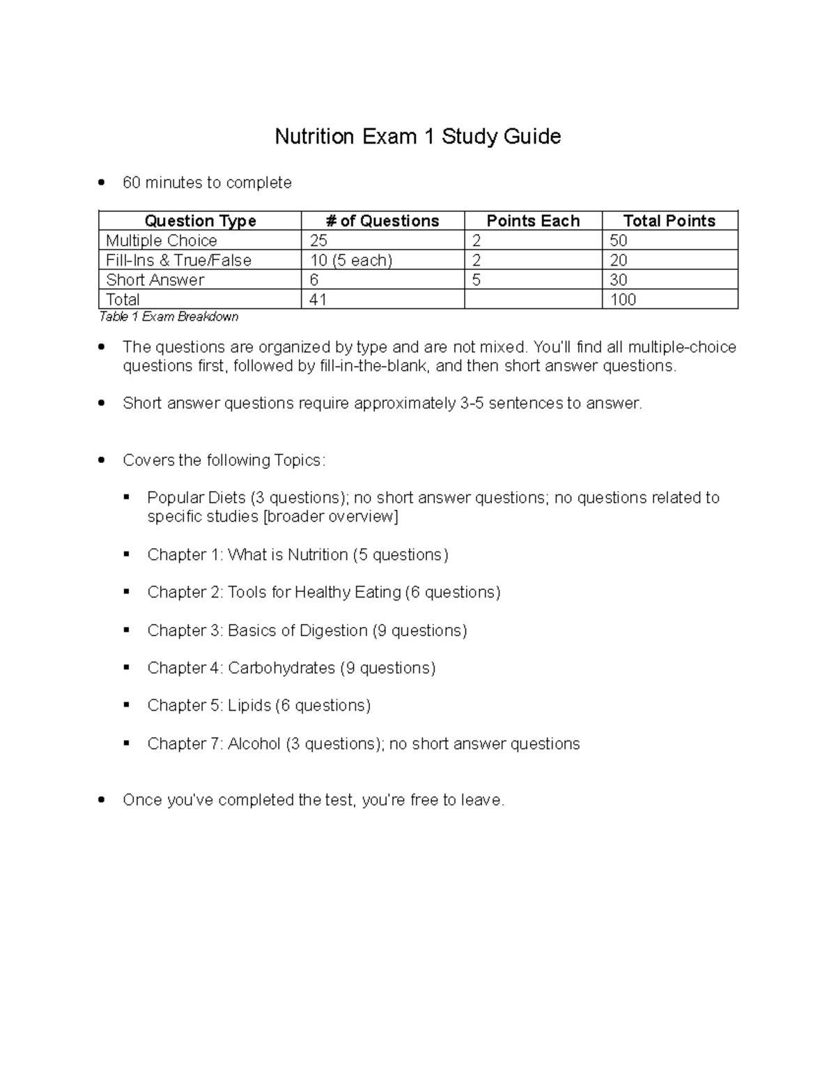 Nutrition Exam 1 Study Guide: Key Topics & Question Breakdown - Studocu
