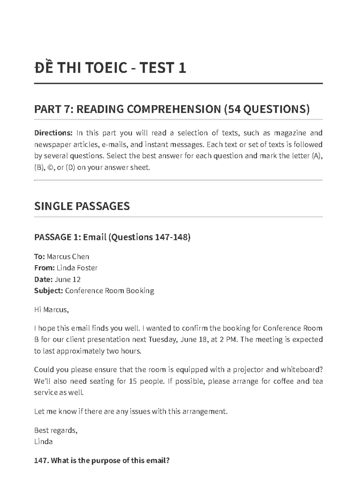ĐỀ THI TOEIC TEST 1 PART 7: READING COMPREHENSION (54 QUESTIONS) - Studocu