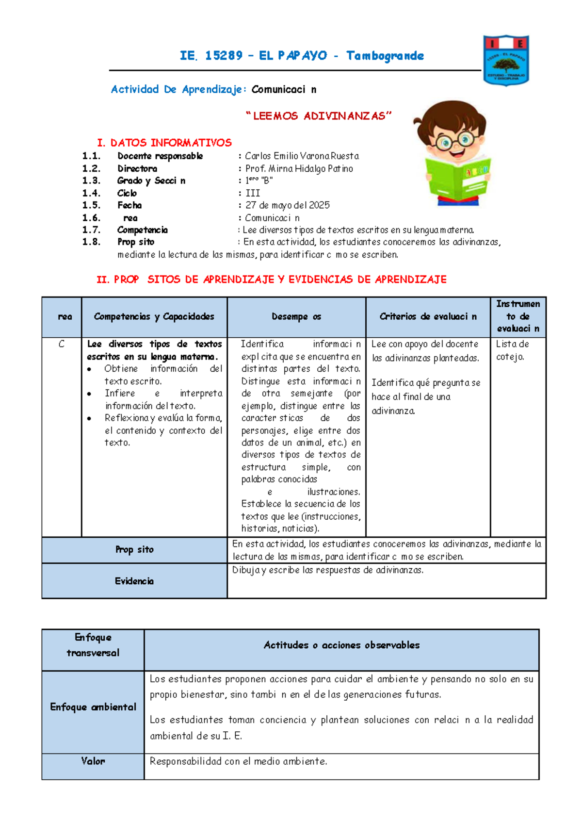 IE. 15289 Actividad de Aprendizaje: Adivinanzas en Comunicación - Studocu