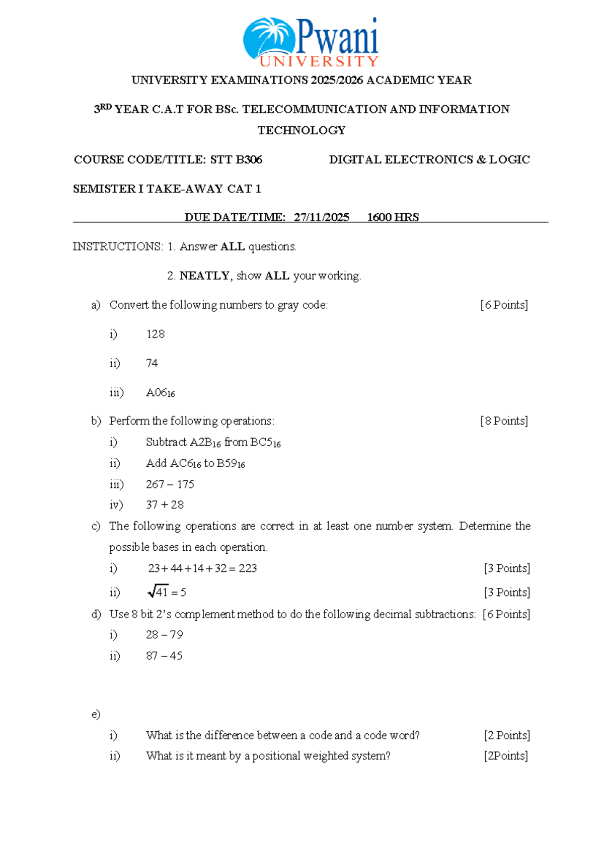 STT B306 CAT 1 - Digital Electronics Exam Practice Guide - Studocu