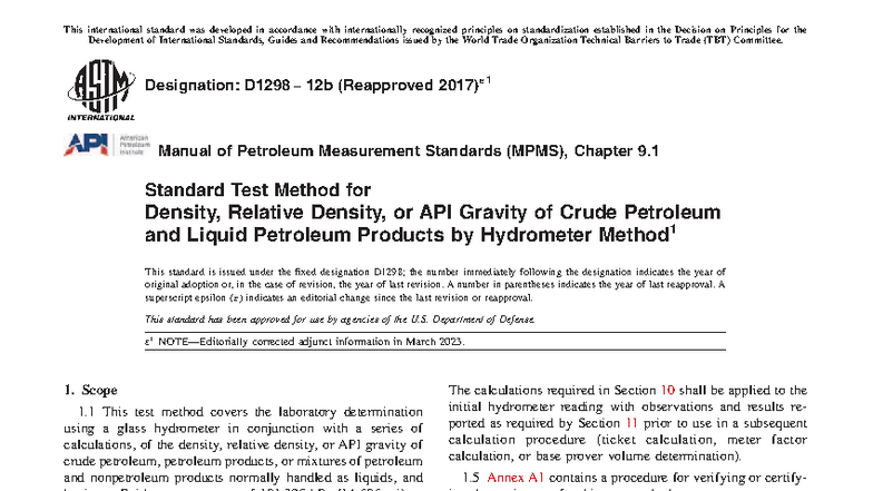 D1298-12b(2017)e1 - Standard Test Method for Density of Petroleum - Studocu