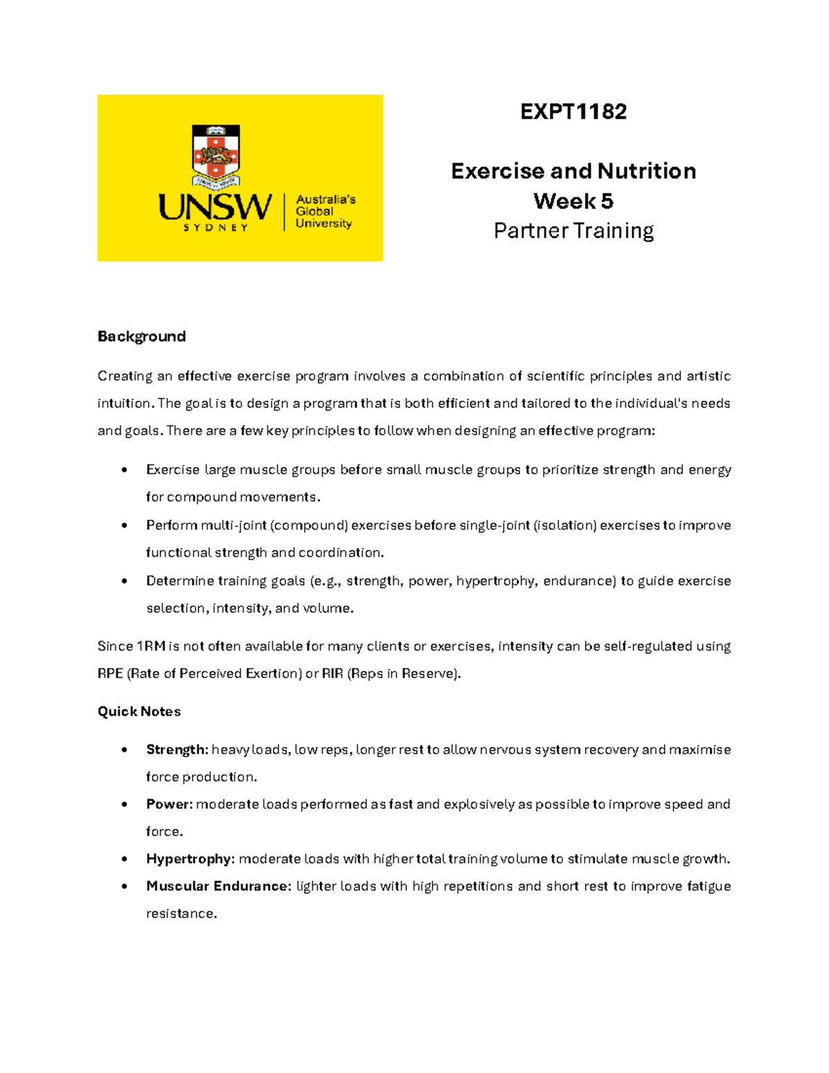 EXPT1182 Week 5 Partner Training: Exercise Program Design Guide - Studocu