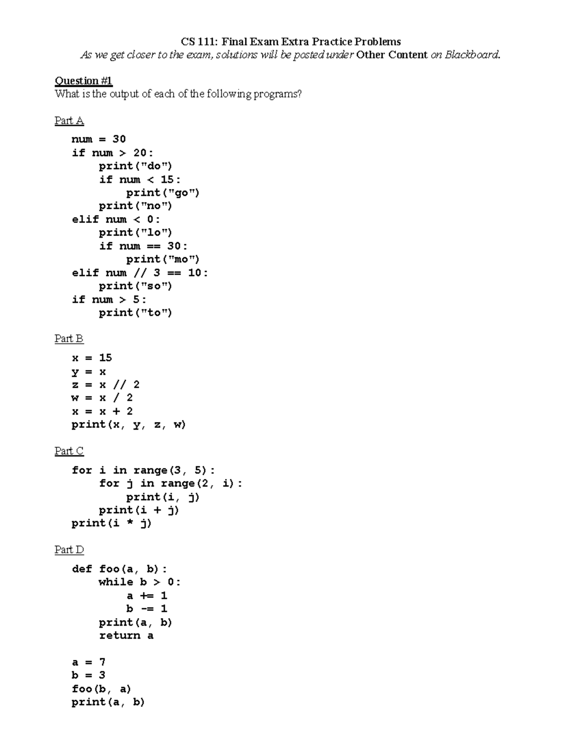 CS Final Exam Extra Practice Problems and Solutions Guide - Studocu