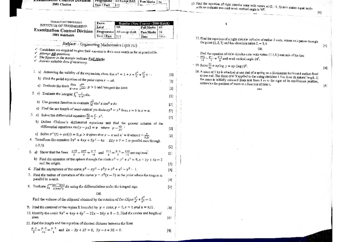 Mathematics I (SH101) Final Exam Questions - Tribhuvan University 2081 ...