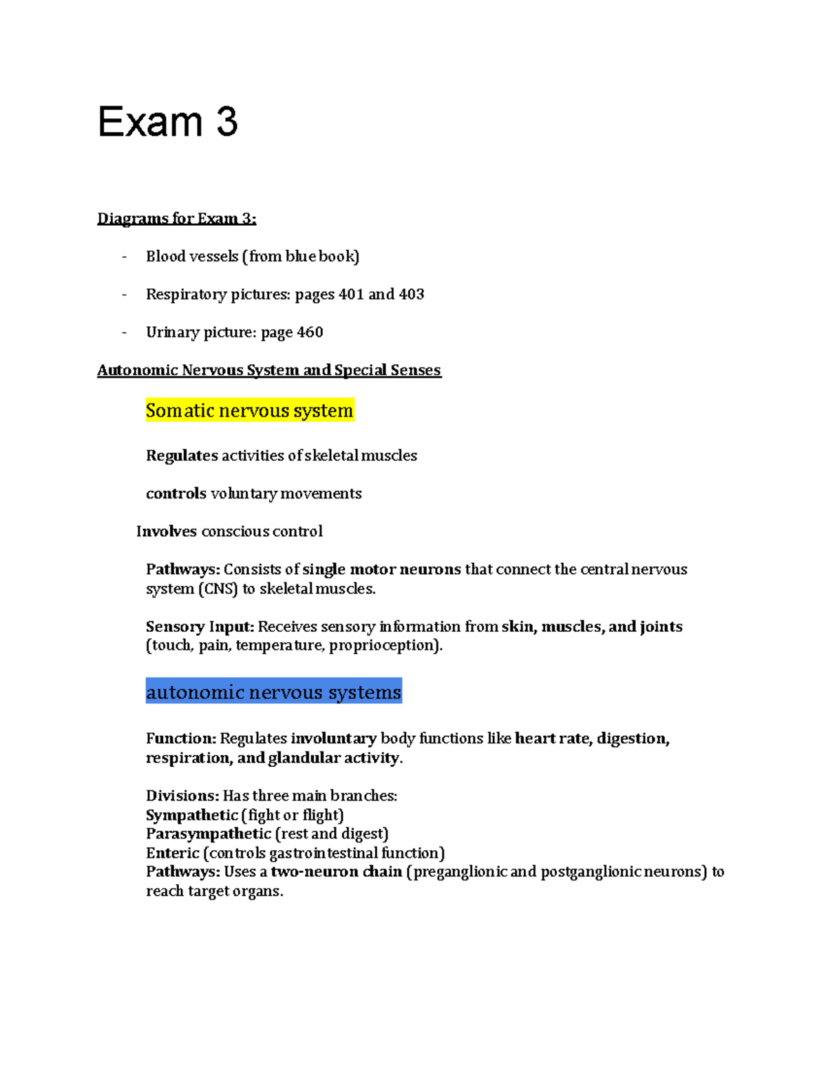 Exam 3 Study Guide: Blood Vessels, Nervous System, and Heart Functions ...