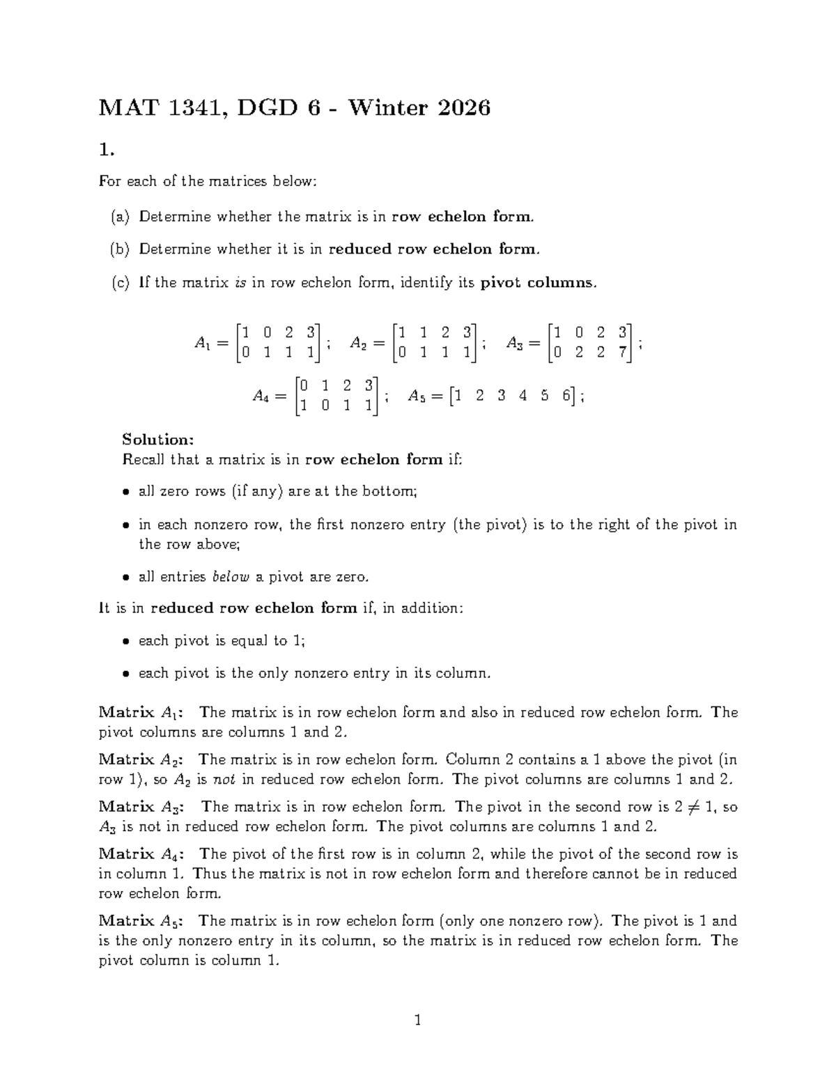 MAT 1341 DGD 6 Winter 2026: Matrix Echelon Forms & Ranks Analysis - Studocu