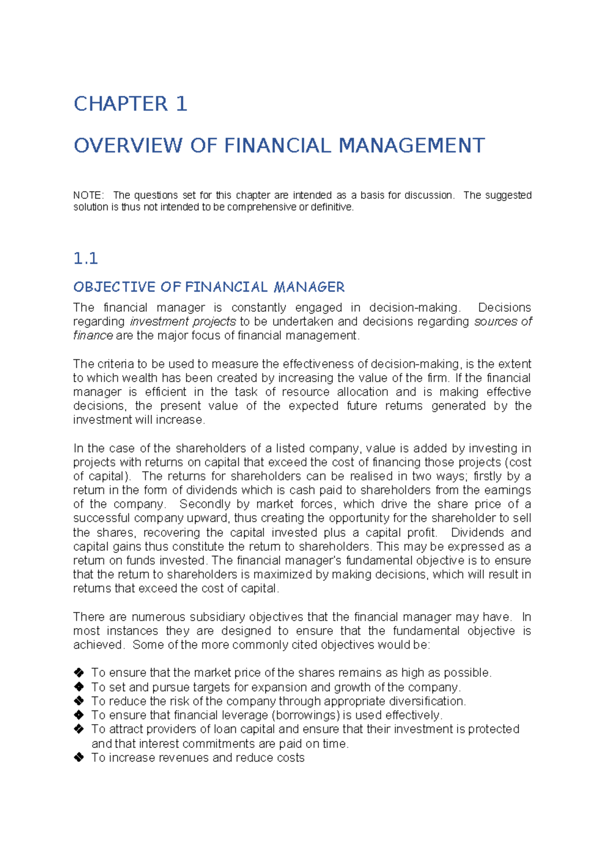 CHAPTER 1: OVERVIEW OF FINANCIAL MANAGEMENT - FM Solutions - Studocu