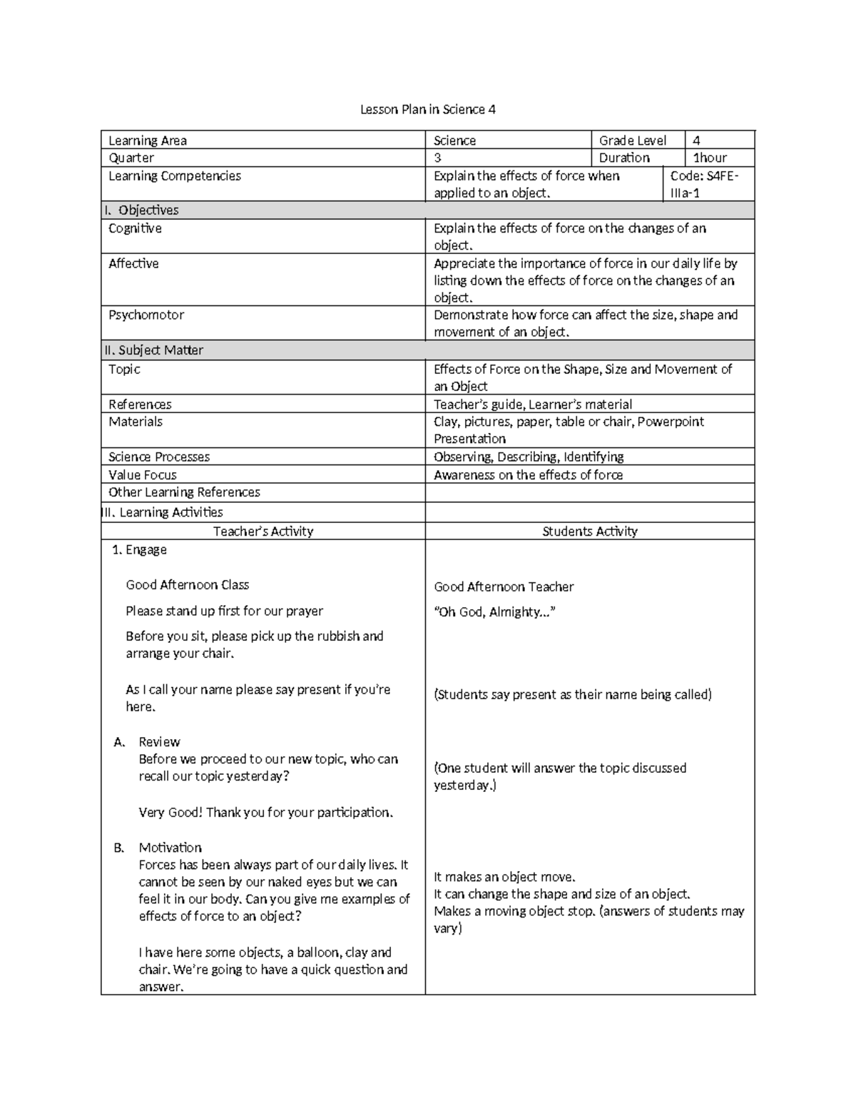 Science 4 Lesson Plan: Effects of Force on Objects (S4FE-IIIa) - Studocu
