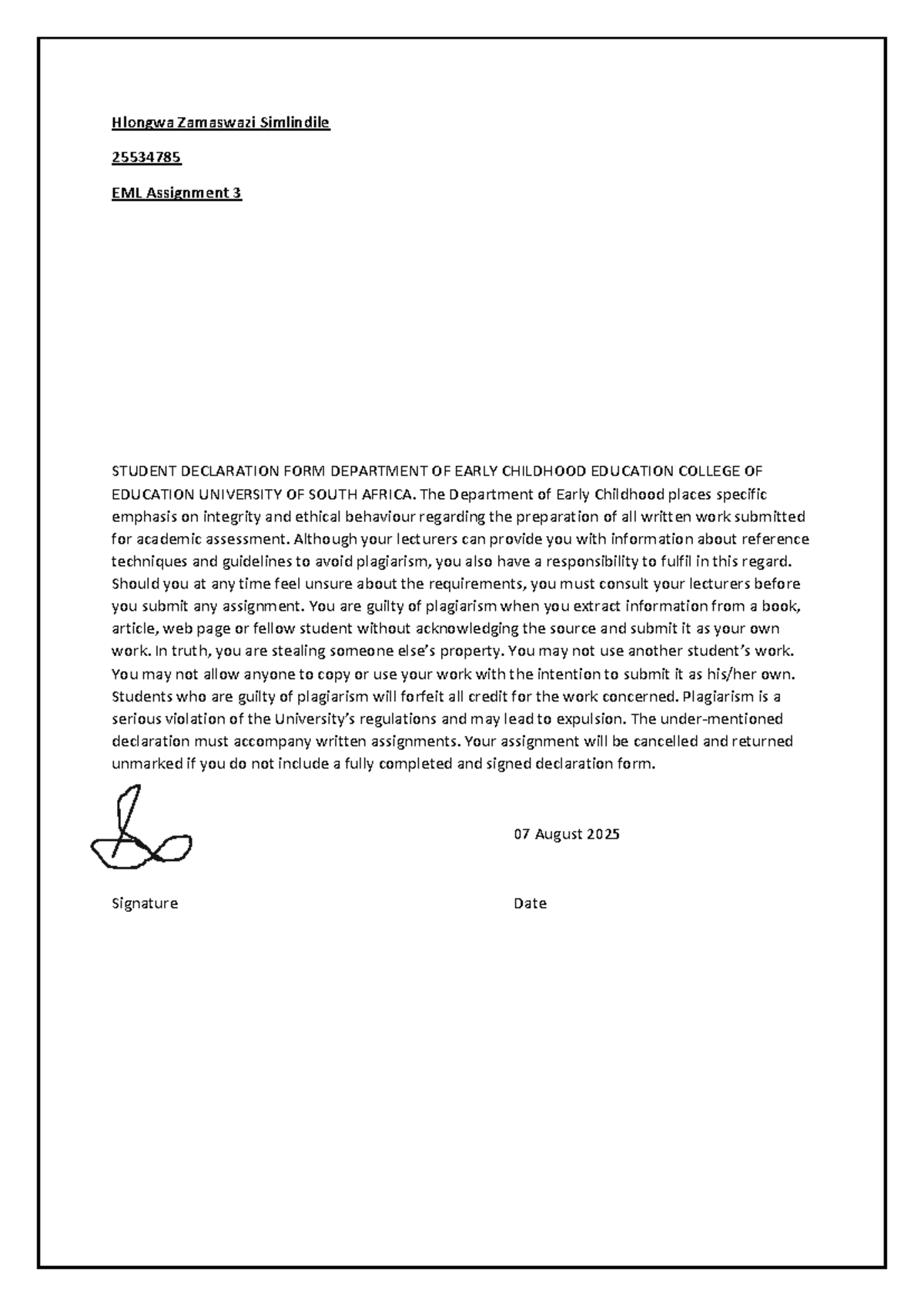 25534785 EML Assignment 3: Student Declaration & Assessment Insights ...