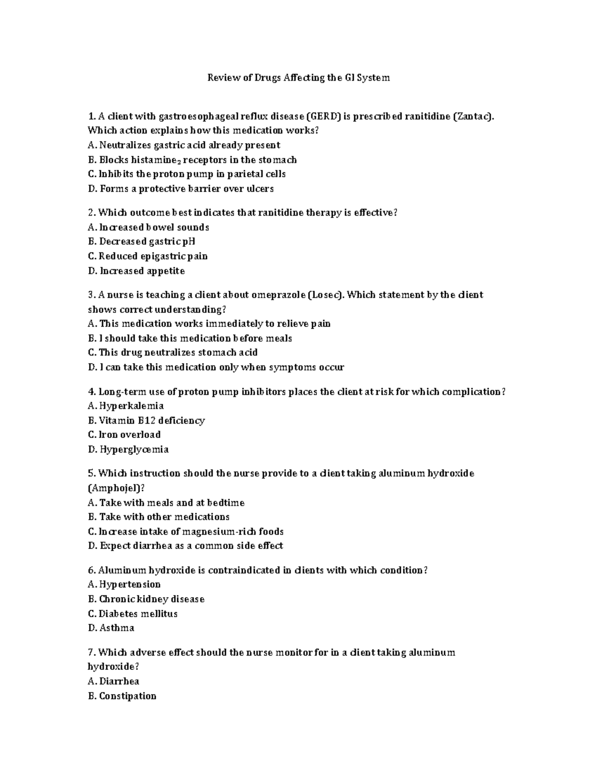 Review of Drugs Affecting the GI System - Pharm 101 Final Exam Notes ...