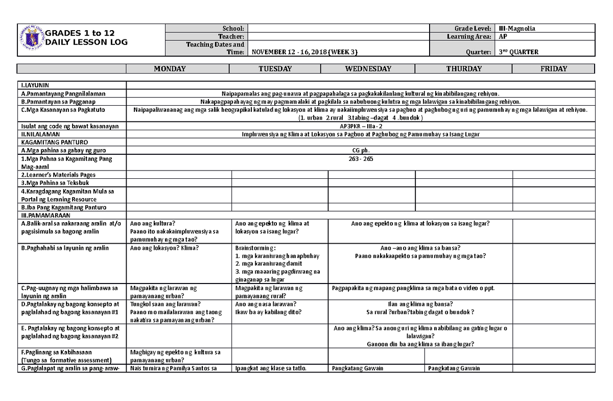 DLL Araling Panlipunan 3 Q3 W3 - GRADES 1 to 12 DAILY LESSON LOG School ...