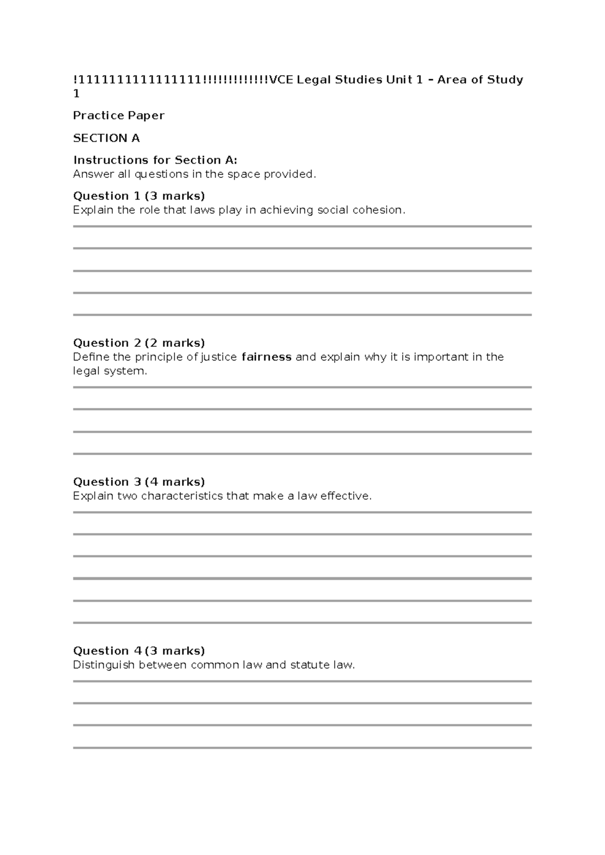 Legal Studies Unit 1 AOS 1 Extra Practice Questions and Answers - Studocu