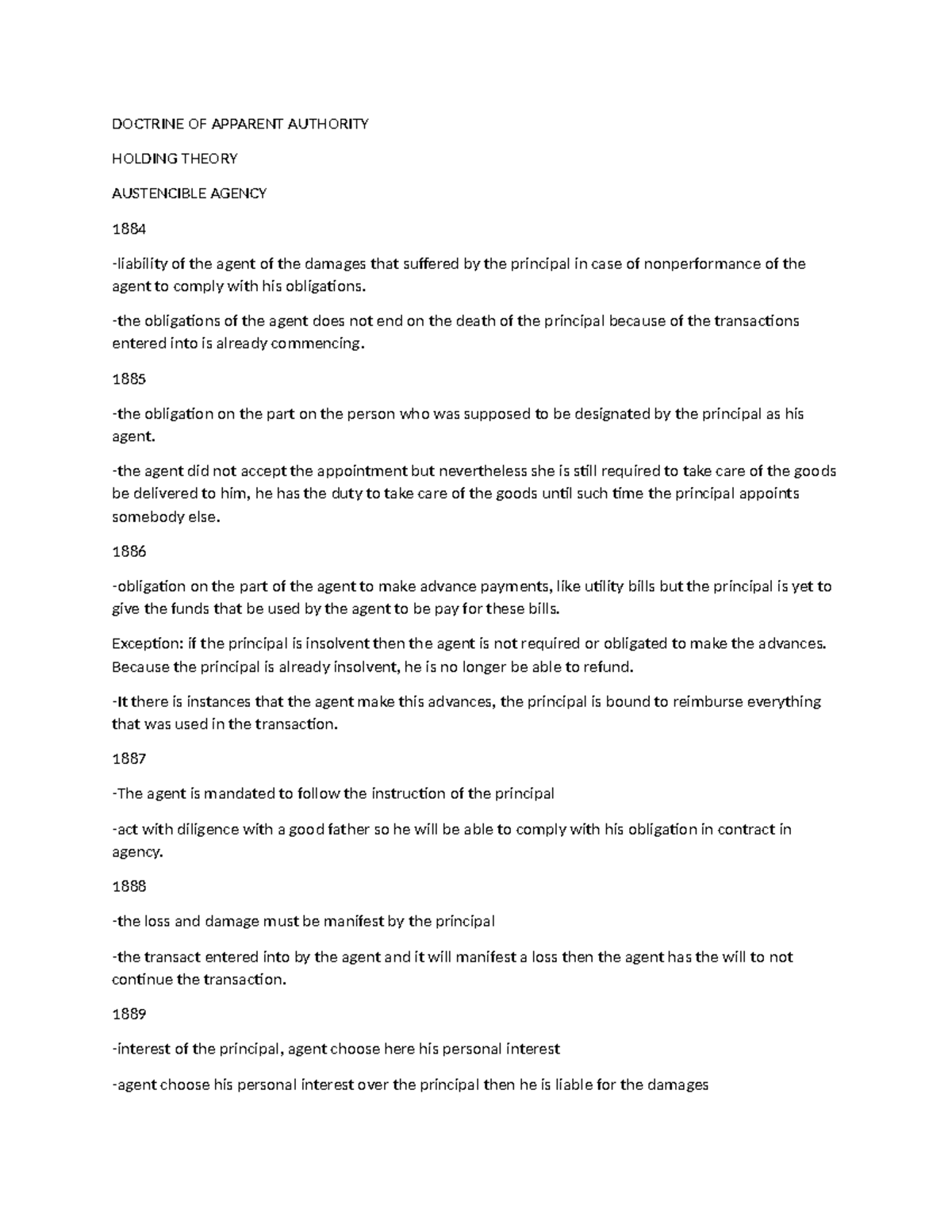 Midterm Notes: Doctrine of Apparent Authority & Holding Theory (LAW 101 ...