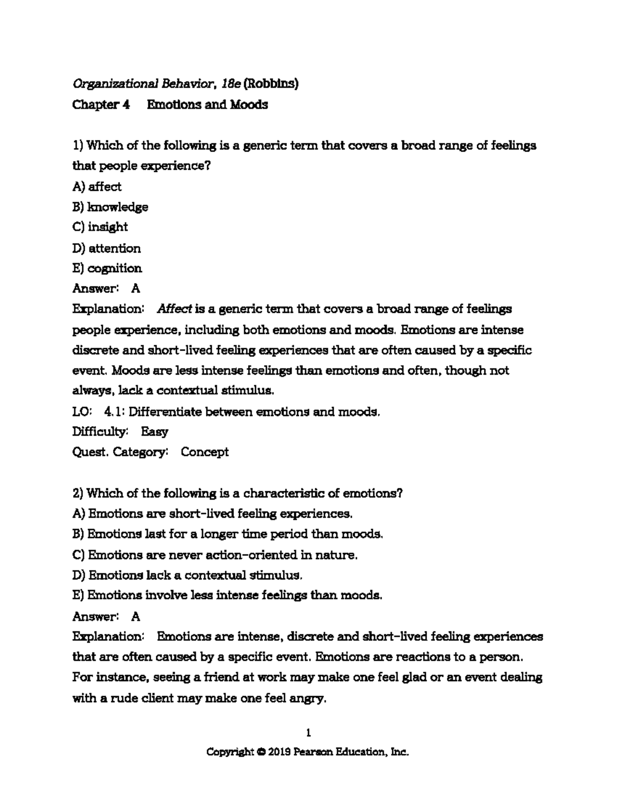 Organizational Behavior, 18e (Robbins) Chapter 4: Emotions and Moods ...