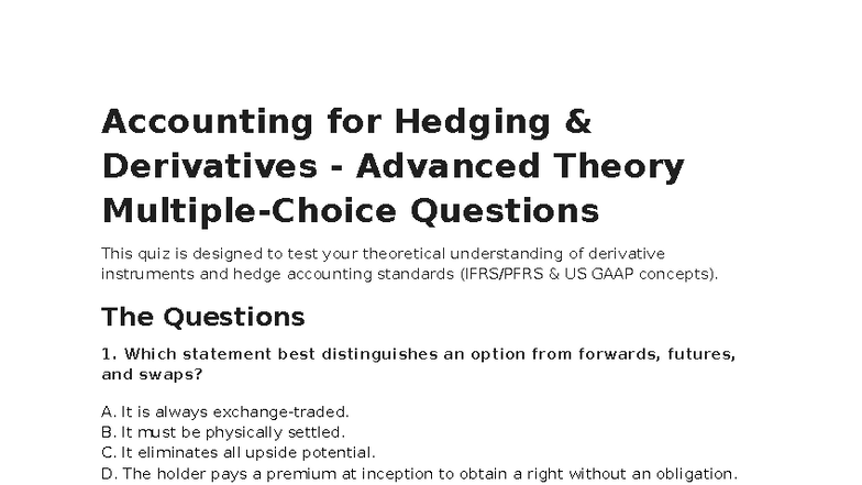 Quiz: Accounting for Hedging Derivatives (Advanced Theory) - Studocu