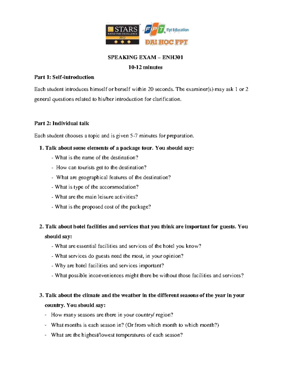 ENH301 Speaking Exam: Key Topics and Guidelines for Students - Studocu